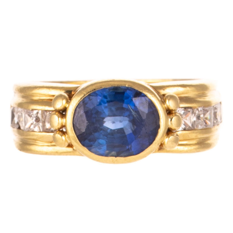 18k Yellow Gold Sapphire and Cubic Zirconia Ring