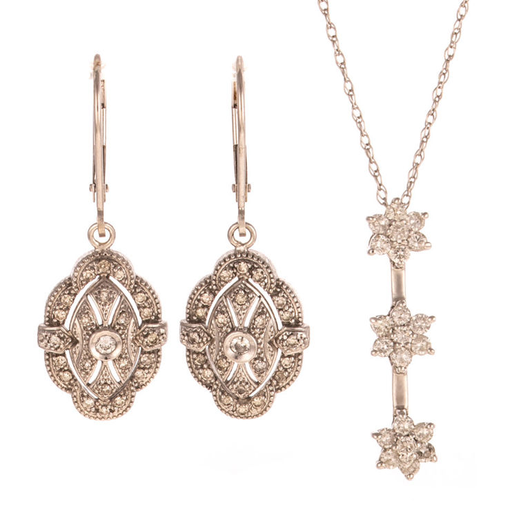 14k Gold Diamond Pendant Necklace and Earrings
