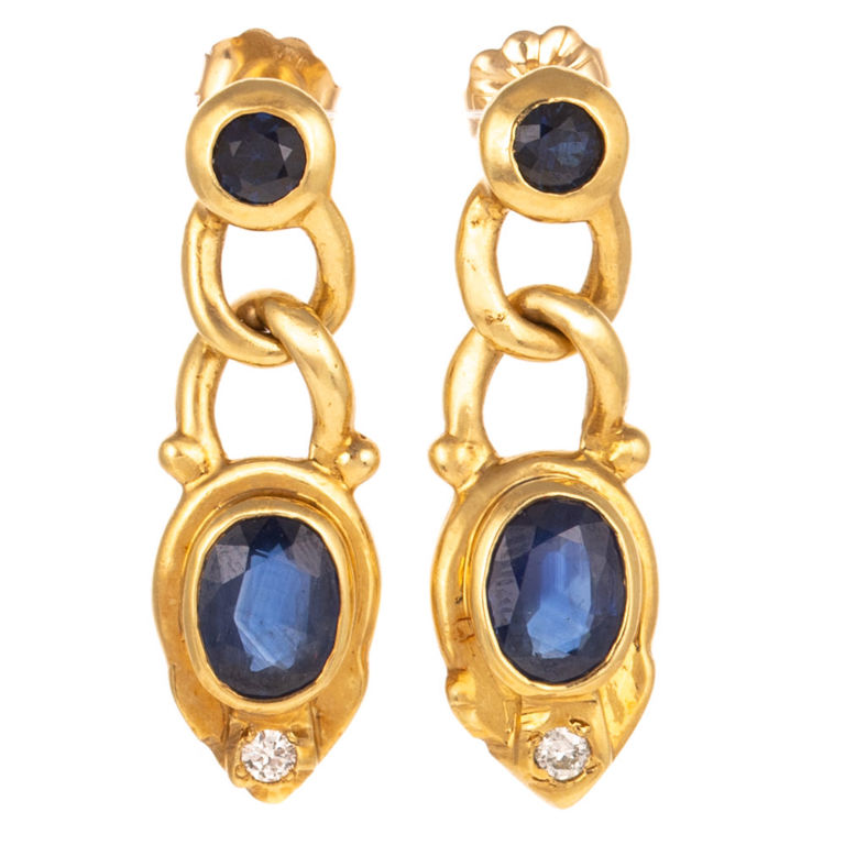 18k Gold Sapphire and Diamond Chain Earrings