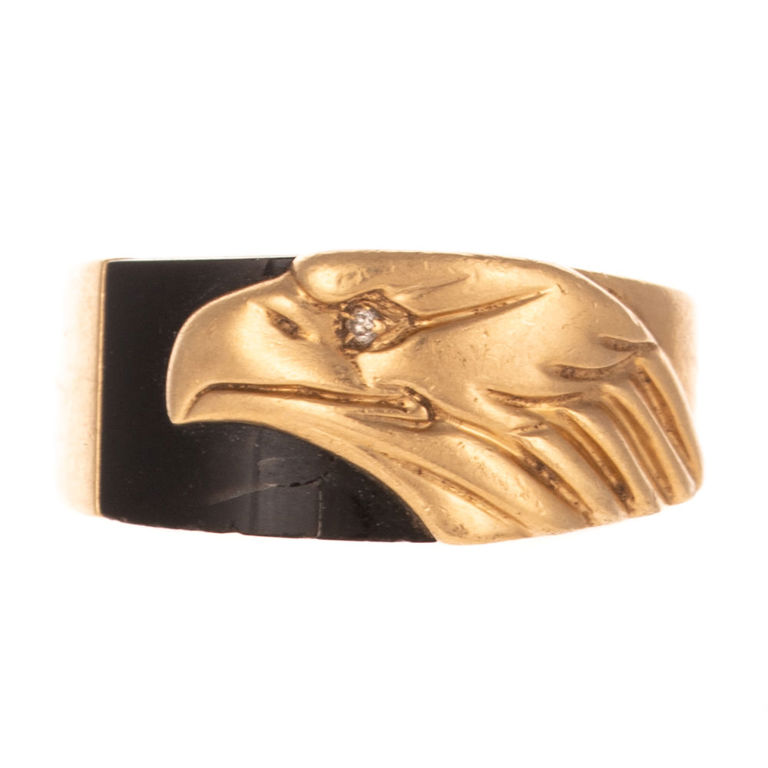 10k Gold Diamond and Onyx Eagle's Head Ring