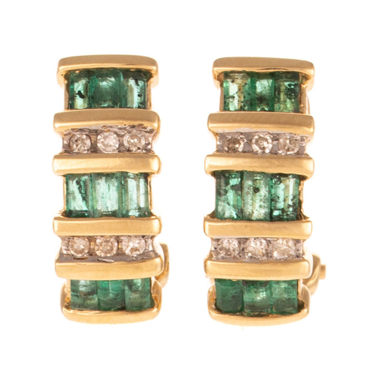 14k Gold Emerald and Diamond Half Hoop Earrings