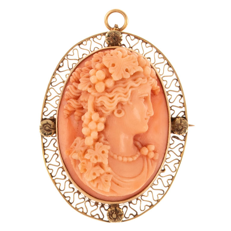 14k Yellow Gold Coral Cameo Brooch/Pendant