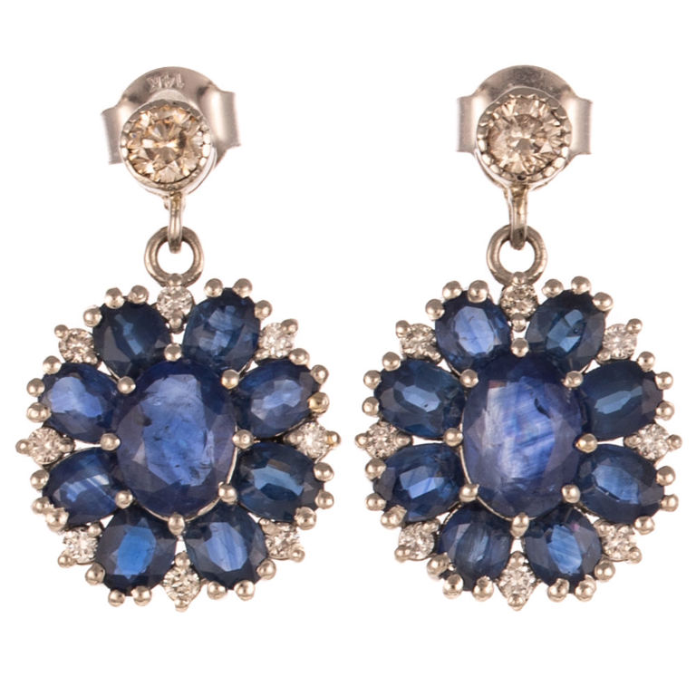 Platinum Sapphire and Diamond Cluster Earrings