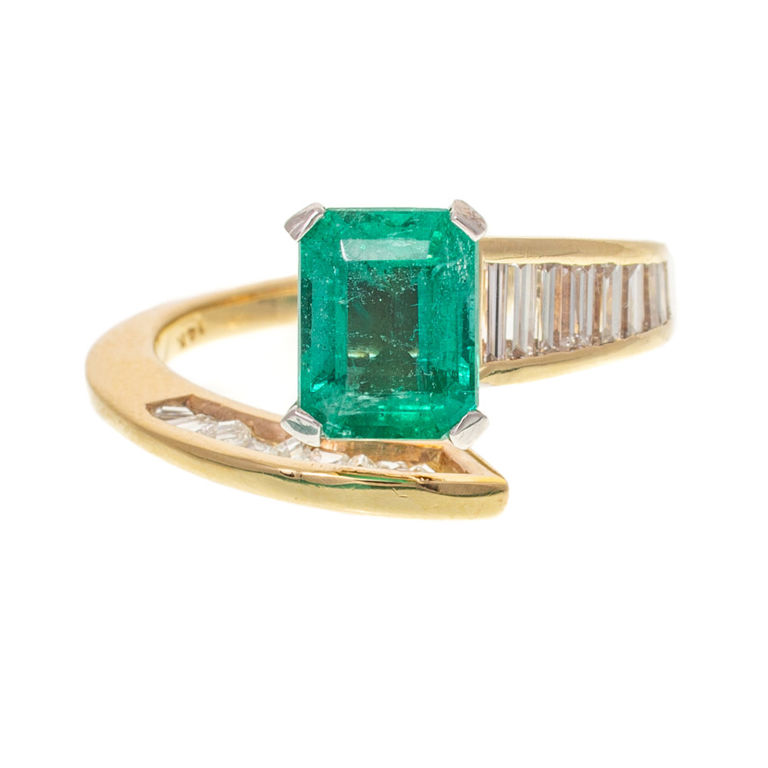 14k Yellow Gold Emerald and Diamond Bypass Ring