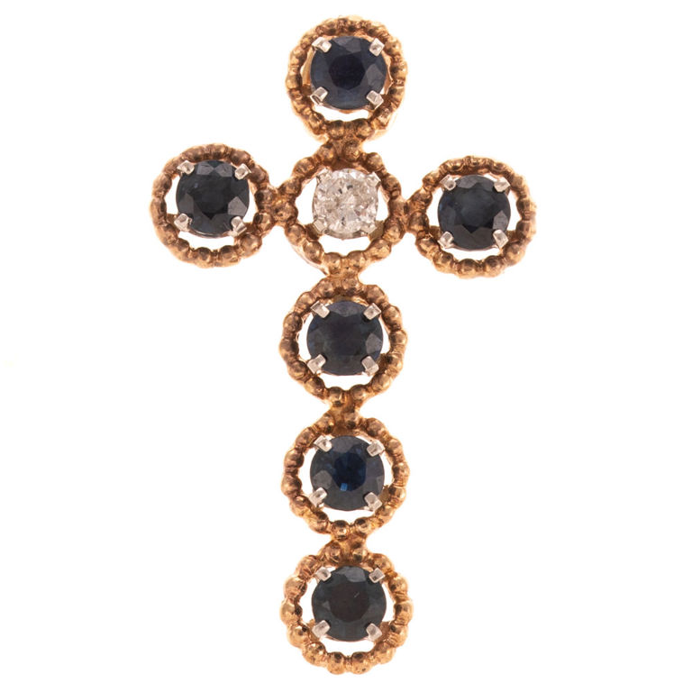 14k Gold Sapphire and Diamond Cross Pendant