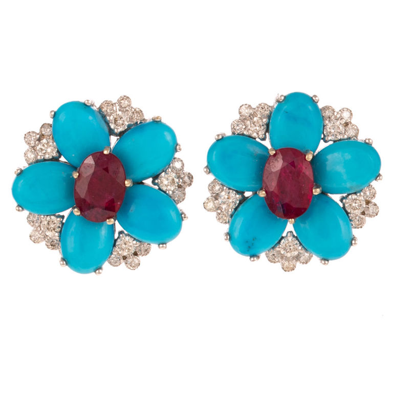 14k Gold Turquoise, Ruby and Diamond Earrings