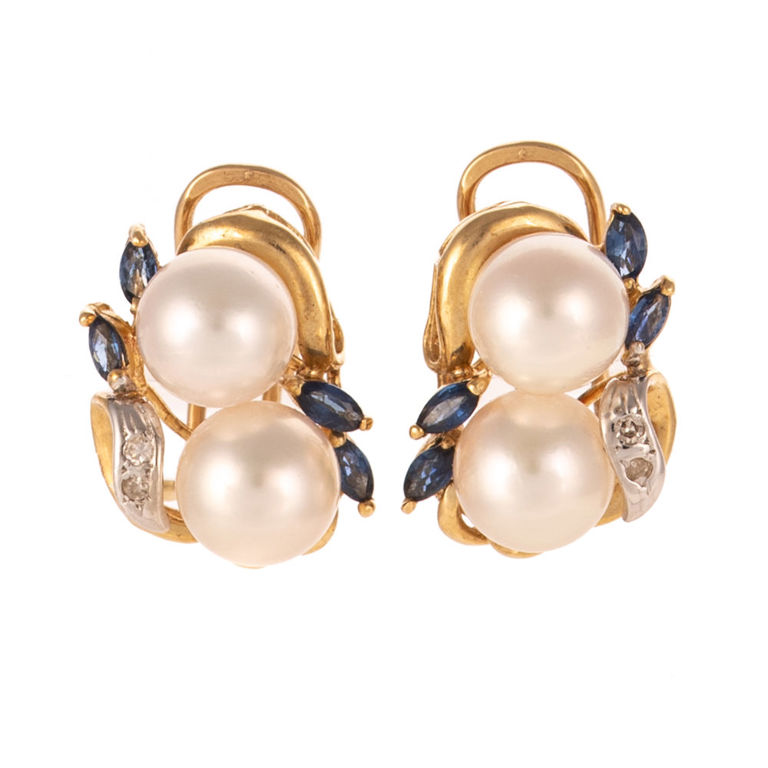 14k Gold Pearl, Sapphire and Diamond Earrings