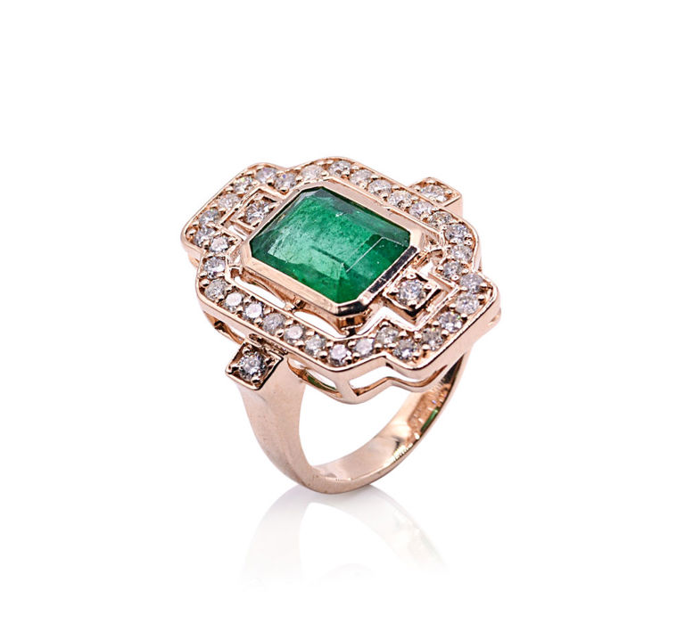 14k Yellow Gold Emerald and Diamond Ring