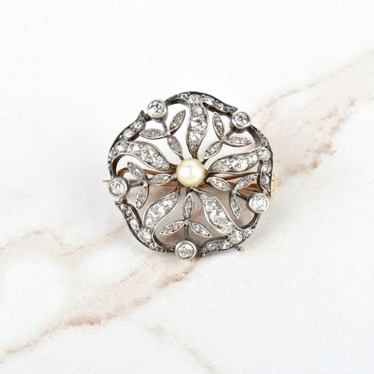 Gold and Silver Diamond and Pearl Snowflake Brooch