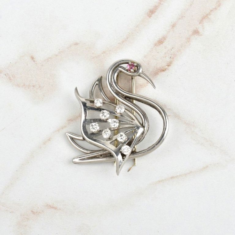 Platinum Diamond and Ruby Swan Brooch