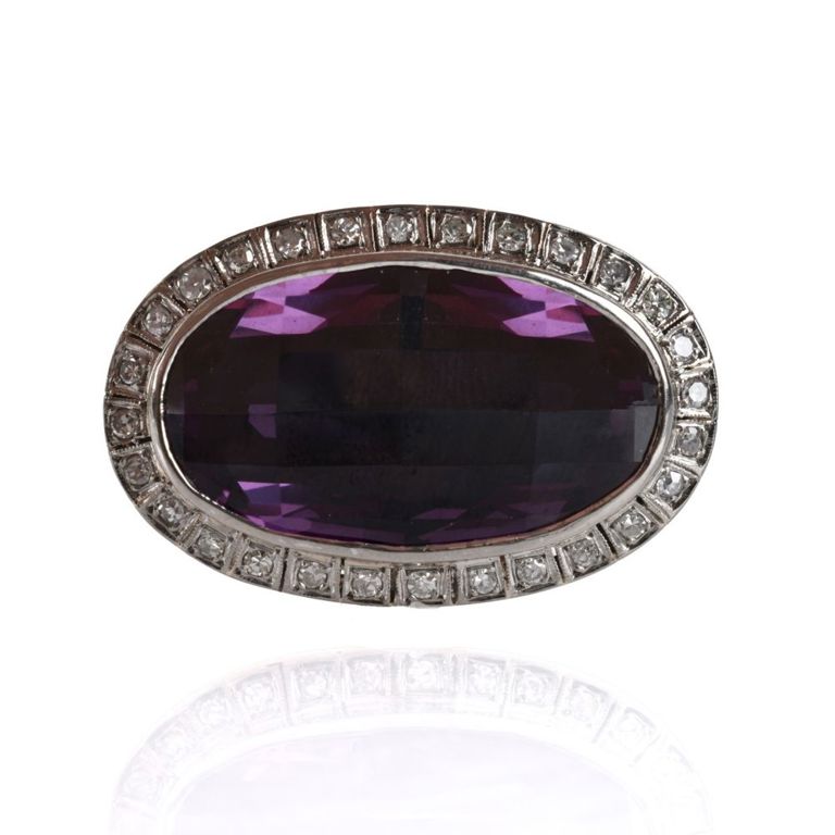 14k Gold Amethyst and Diamond Brooch