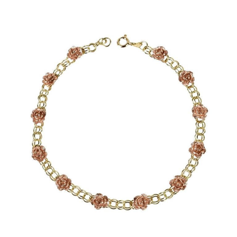 14k Rose and Yellow Gold Flower Link Bracelet