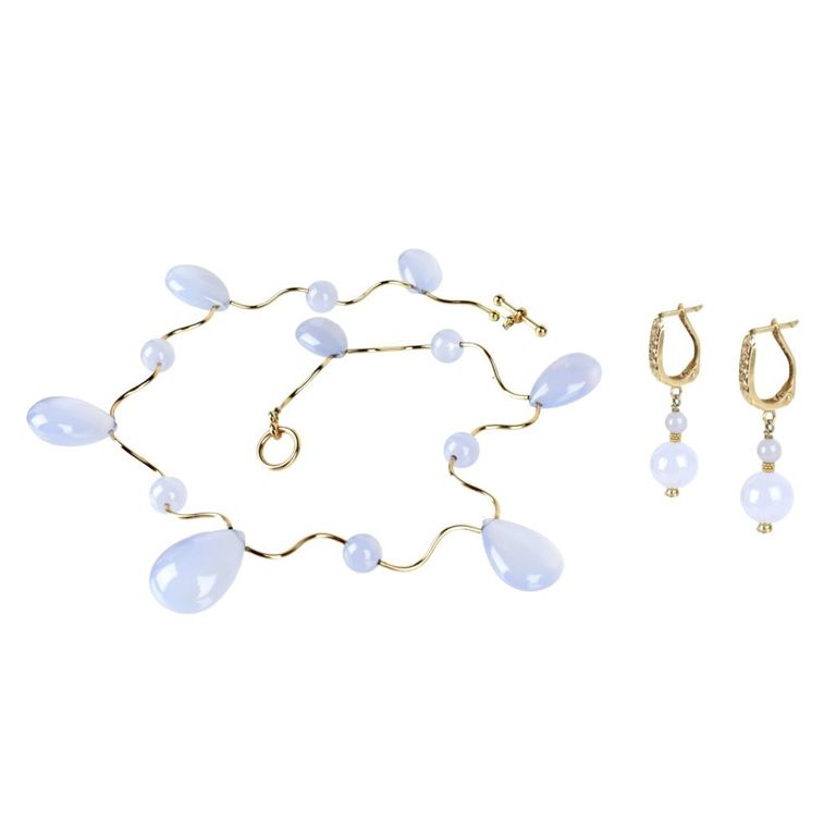 14k Yellow Gold Blue Agate Necklace and Earrings