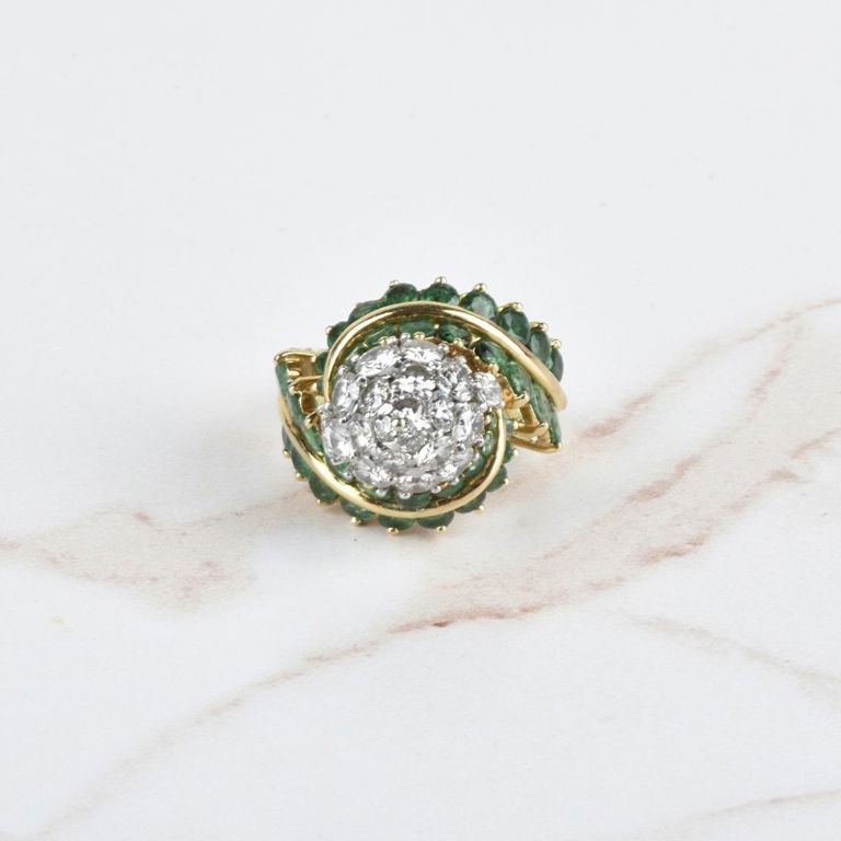 18k Gold Diamond and Emerald Dome Ring