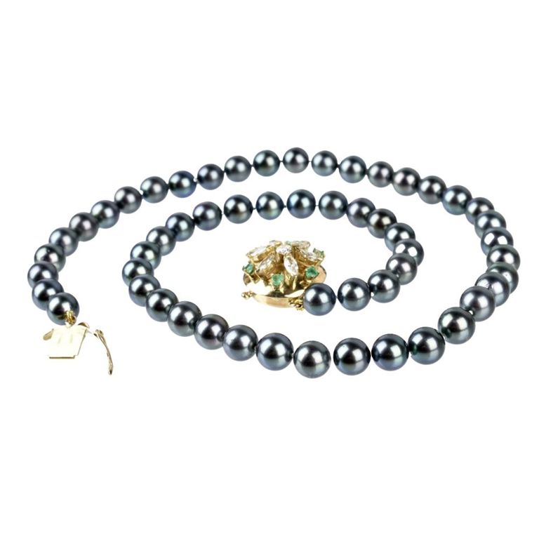 14k Gold Pearl, Diamond and Emerald Necklace