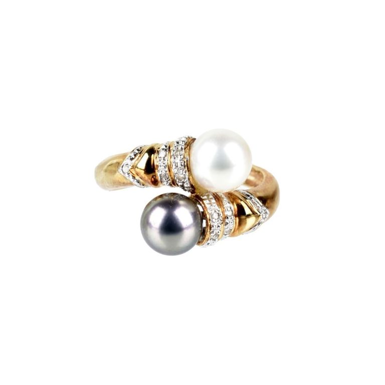 14k Yellow Gold Pearl and Diamond Bypass Ring