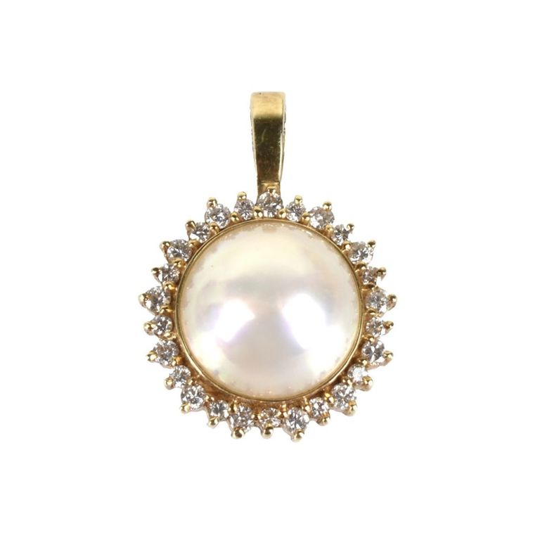 14k Yellow Gold Pearl and Diamond Pendant