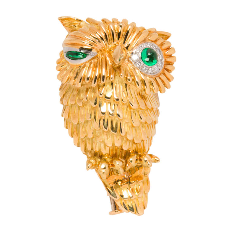18k Gold Winking Owl Brooch