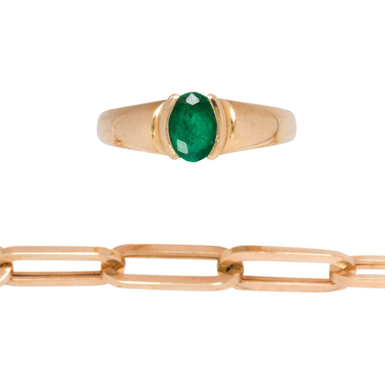 14k Gold Link Bracelet and Emerald Ring