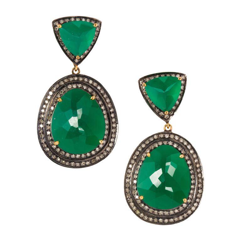 14k Gold Green Onyx and Diamond Earrings