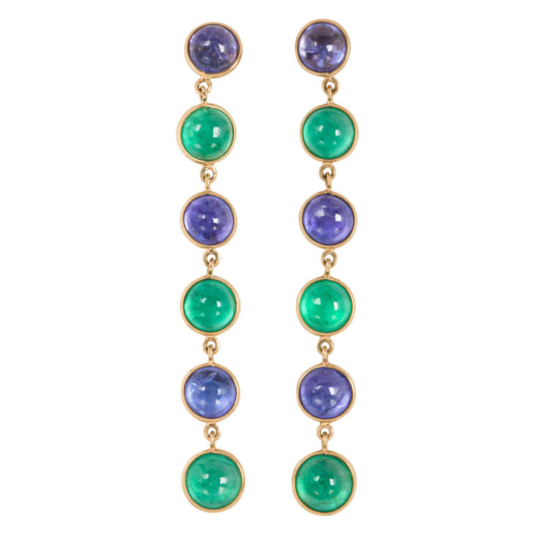 18k Gold Emerald and Tanzanite Earrings