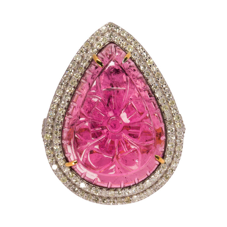 14k Gold Rubellite and Diamond Ring