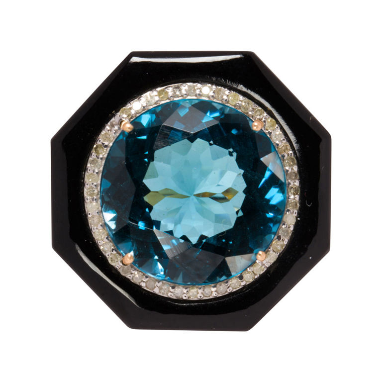 14k Gold Blue Topaz and Diamond Ring