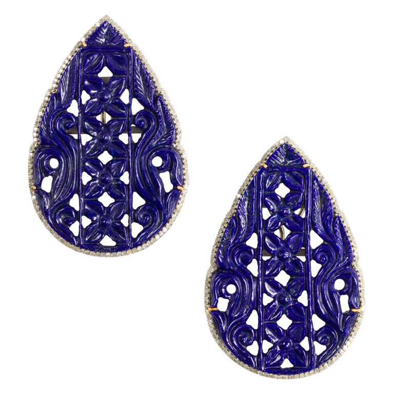 14k Gold Lapis and Diamond Ear Clips