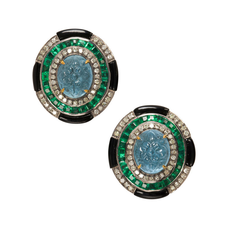 14k Gold Aquamarine and Emerald Earrings