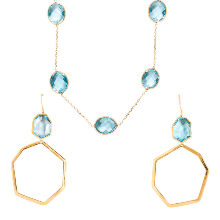 Blue Topaz and Gold Earrings with Necklace