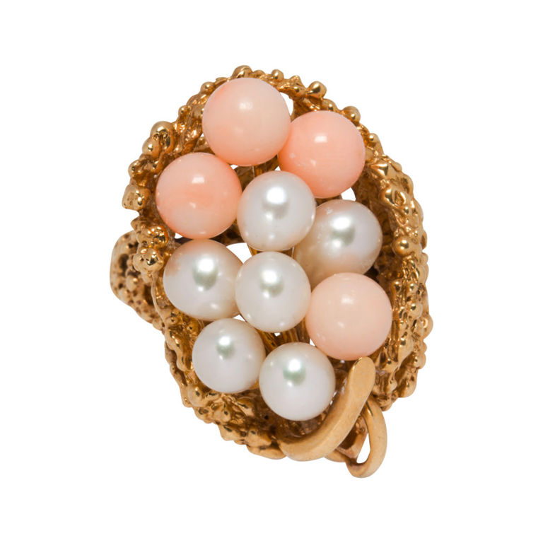14k Gold Cultured Pearl and Coral Ring