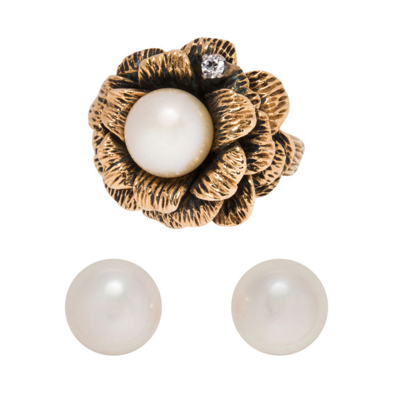14k Gold Pearl and Diamond Ring with Earrings