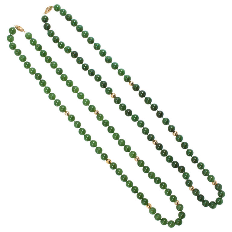 14k Gold Spinach Jade Beaded Necklaces