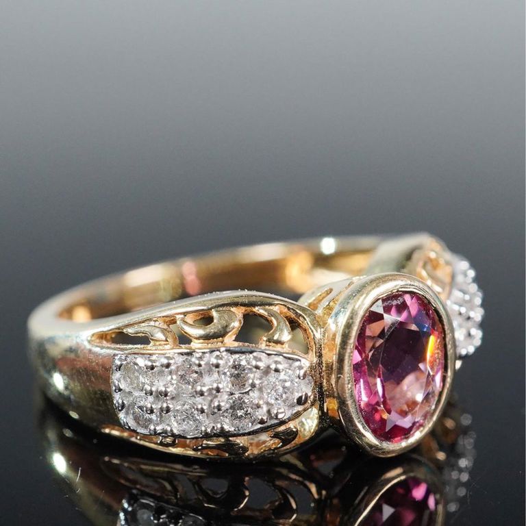 14k Gold Rubellite and Diamond Ring