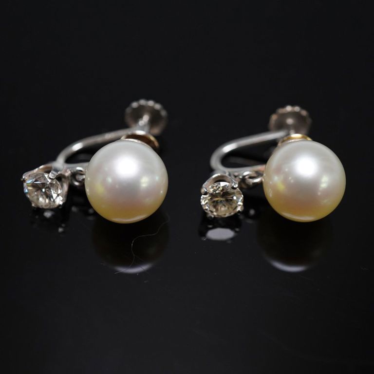 14k White Gold Pearl and Diamond Earrings