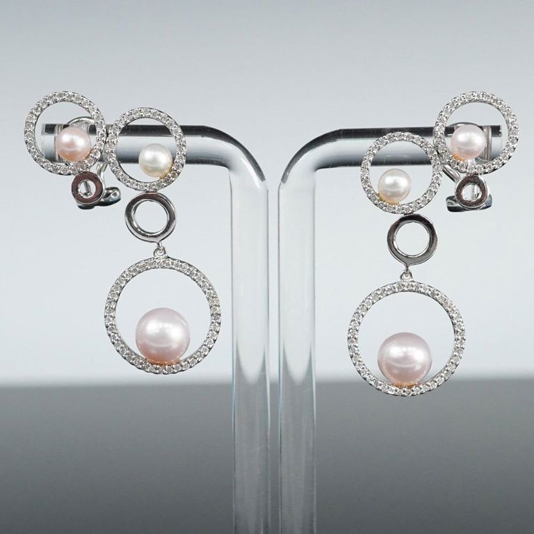 14k White Gold Diamond and Pearl Drop Earrings