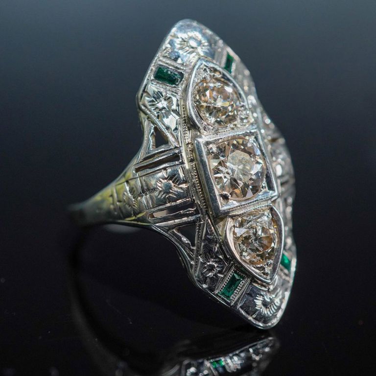 White Gold Diamond and Emerald Ring