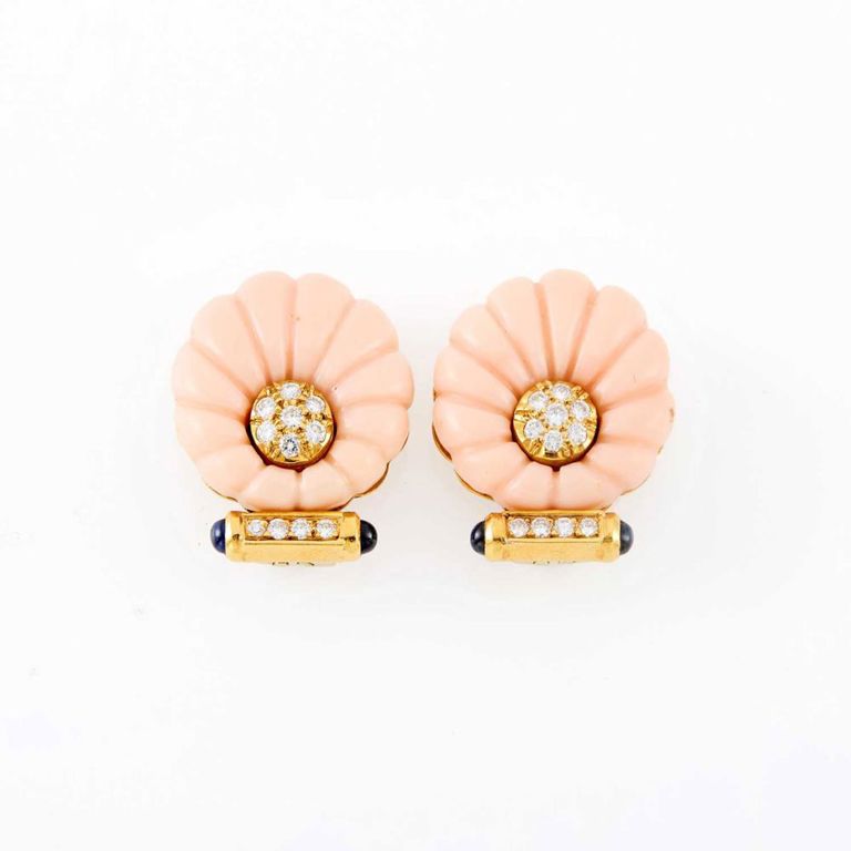18k Gold Coral, Sapphire and Diamond Earclips