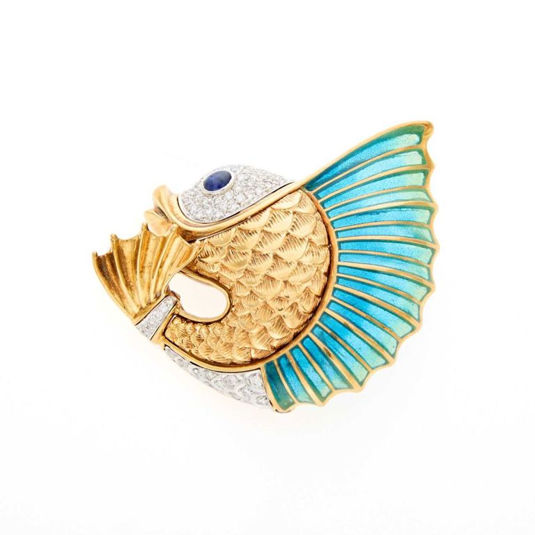 18k Gold Sapphire and Diamond Fish Brooch