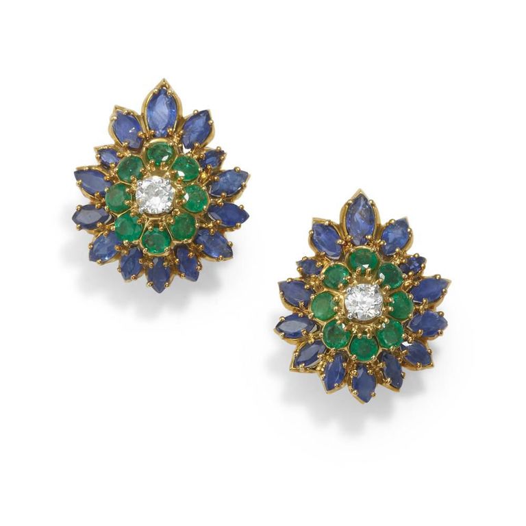14k Gold Emerald Sapphire and Diamond Earclips