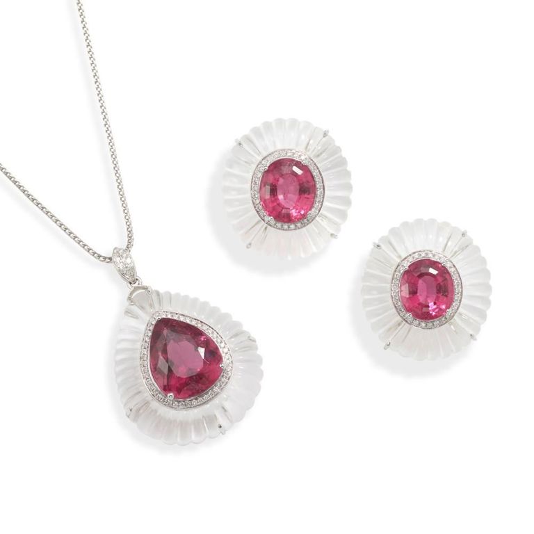 18k White Gold Rubellite and Diamond Set