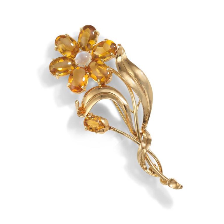 14k Gold Citrine and Moonstone Brooch