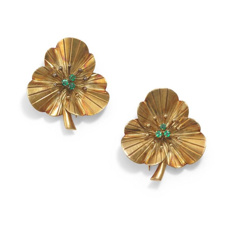 14k Gold Emerald Clip Brooches