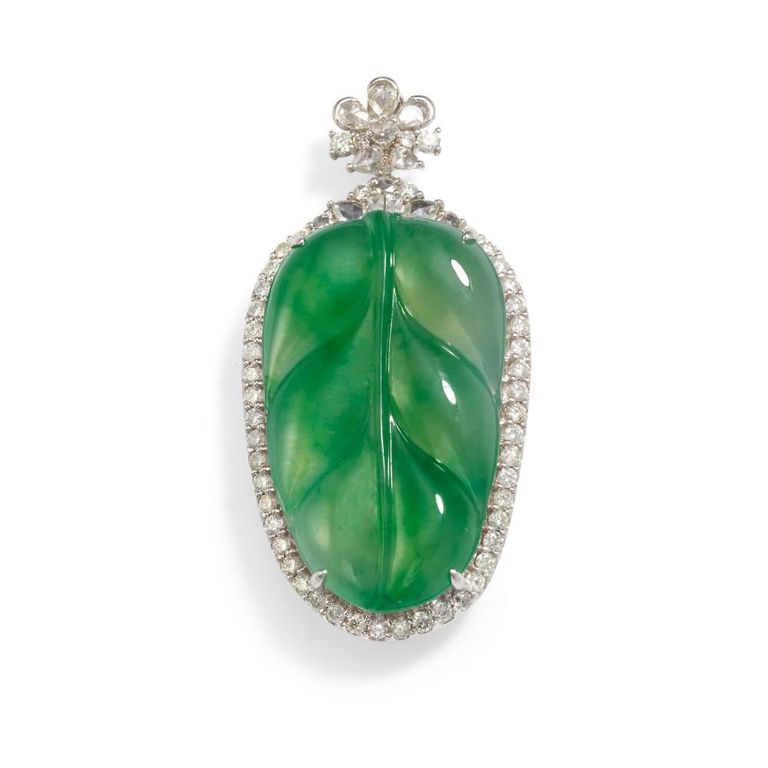 18k White Gold Jade and Diamond Pendant