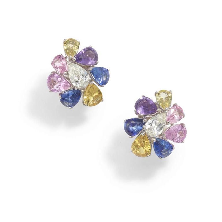 Multicolored Sapphire and Diamond Earclips