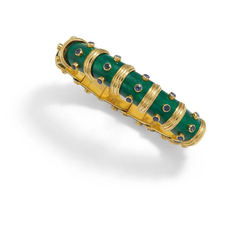 18k Gold Green Enamel and Sapphire Bracelet
