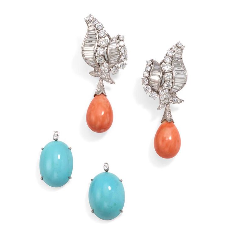 Platinum and 10k Gold Coral Turquoise Earrings