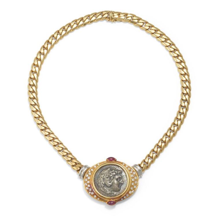 18k Bi-Color Gold Diamond and Ruby Coin Necklace