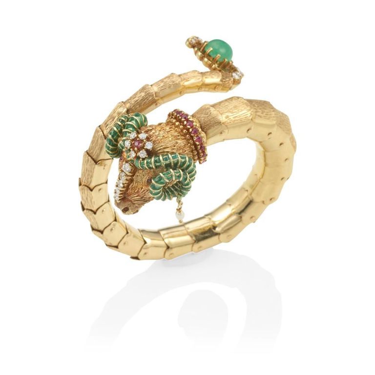 14k Gold Diamond, Emerald, Ruby and Enamel Bangle