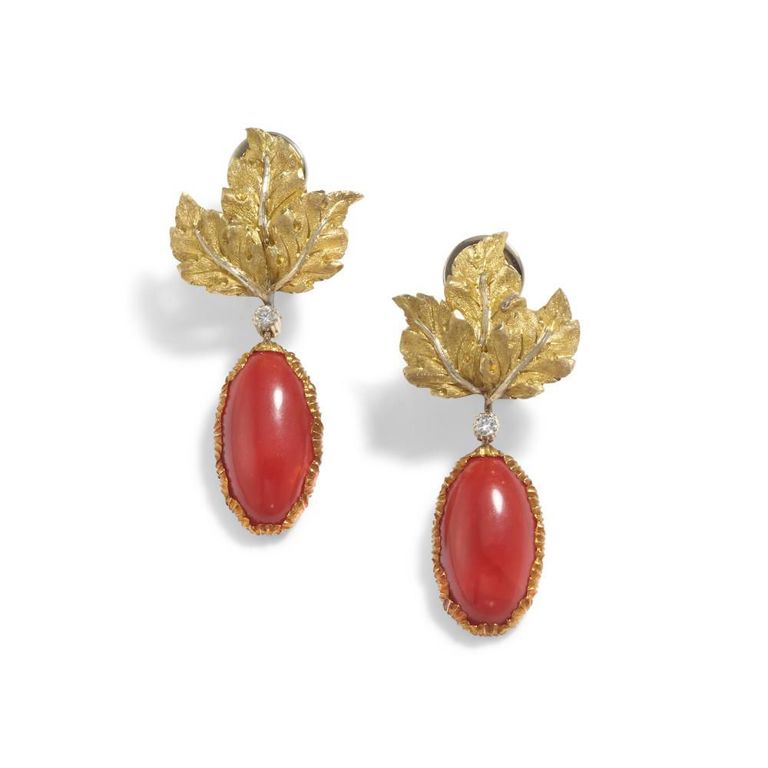 18k Bi-Color Gold Coral and Diamond Earrings
